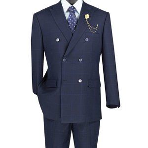 Luxurious Men's Double-Breasted Glen Plaid Suit-Navy